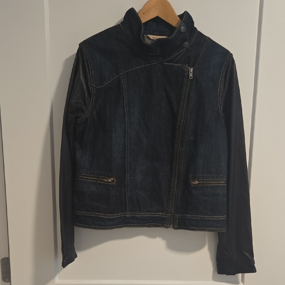 Rag & Bone Jean Zip Front Denim Jacket with Soft Black Leather Sleeves - Large